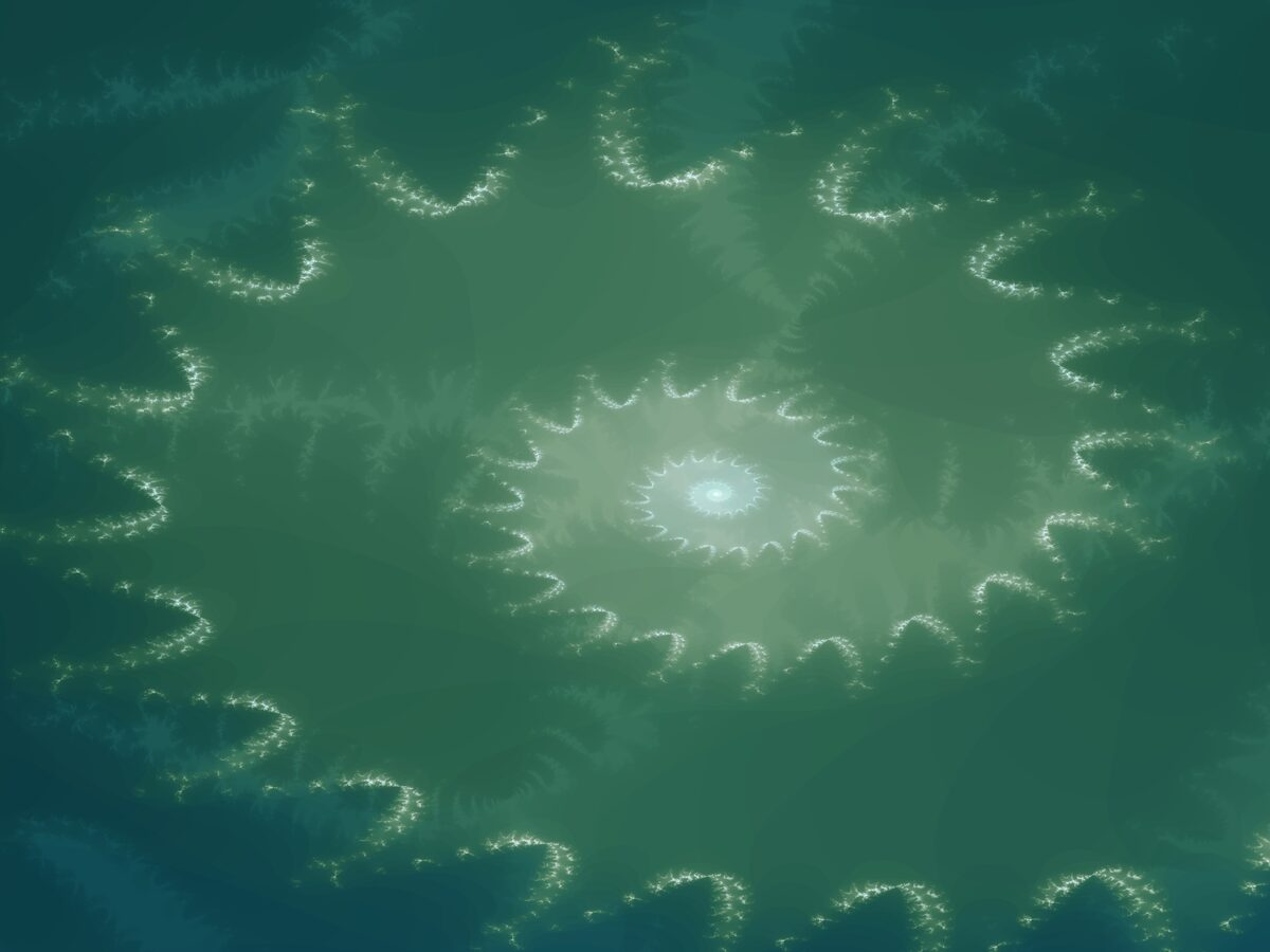 A green fractal spiral of repeating, glowing branches radiating out from a bright center