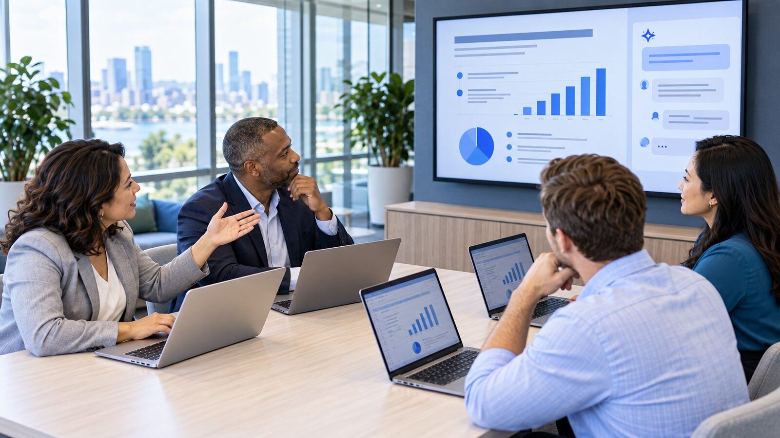 A team discussing charts and an AI assistant panel on a large wall screen, with laptops open on the table