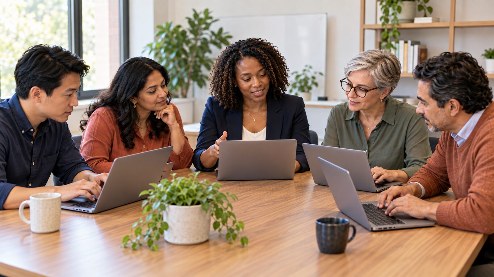 A facilitator leading five colleagues working on laptops around a conference table