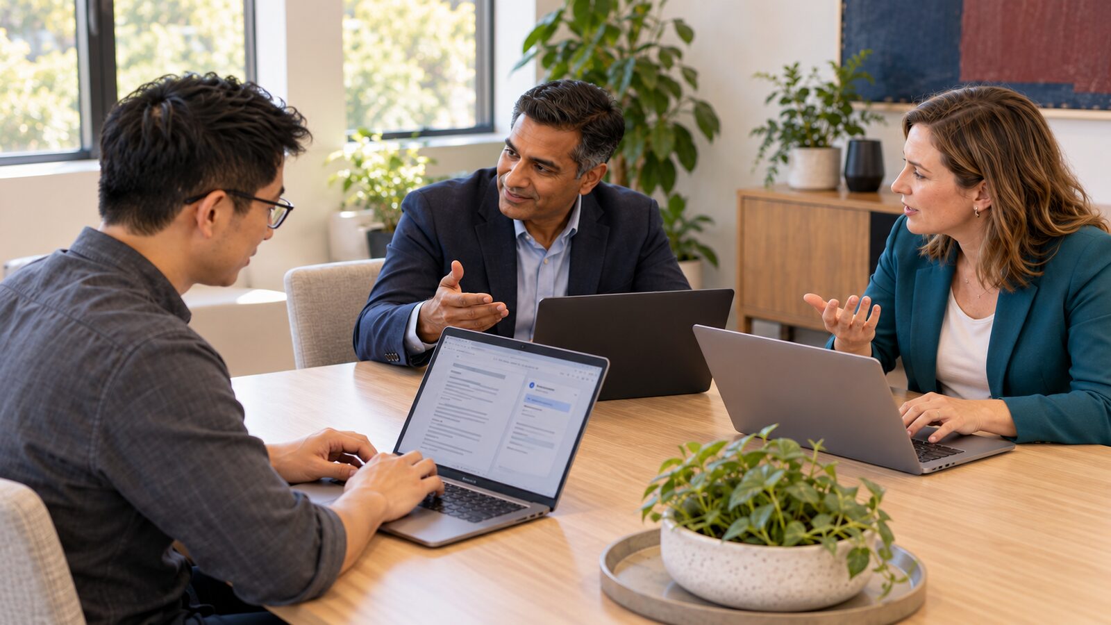 Three colleagues in discussion at a table with laptops