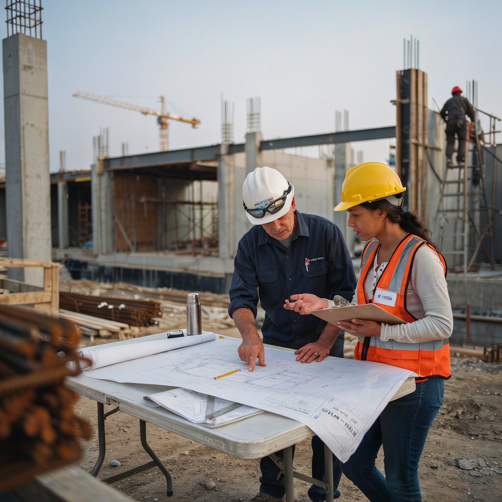 A superintendent and project engineer reviewing plans together on a jobsite table