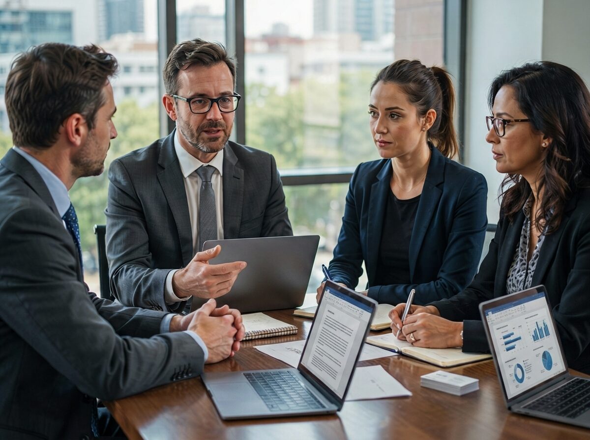 Executives negotiating around a conference table with laptops and printed materials
