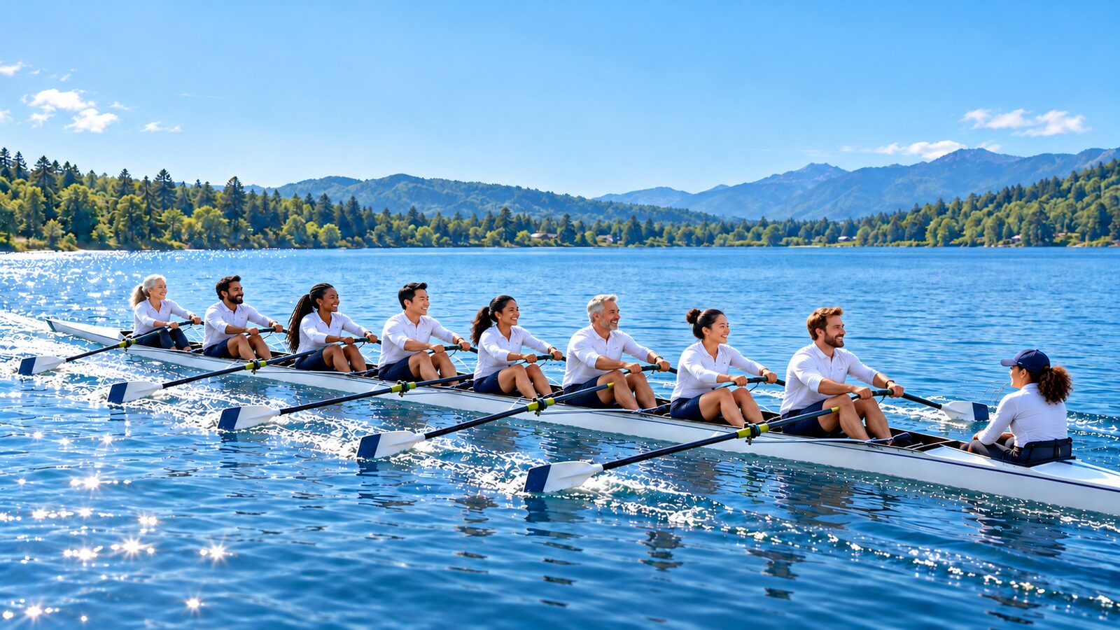 A rowing crew pulling together in a long boat on a sunlit lake, with a coxswain at the stern