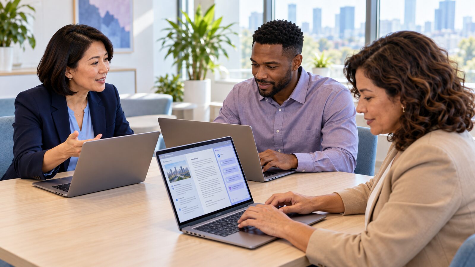 Three colleagues at a table working together on laptops