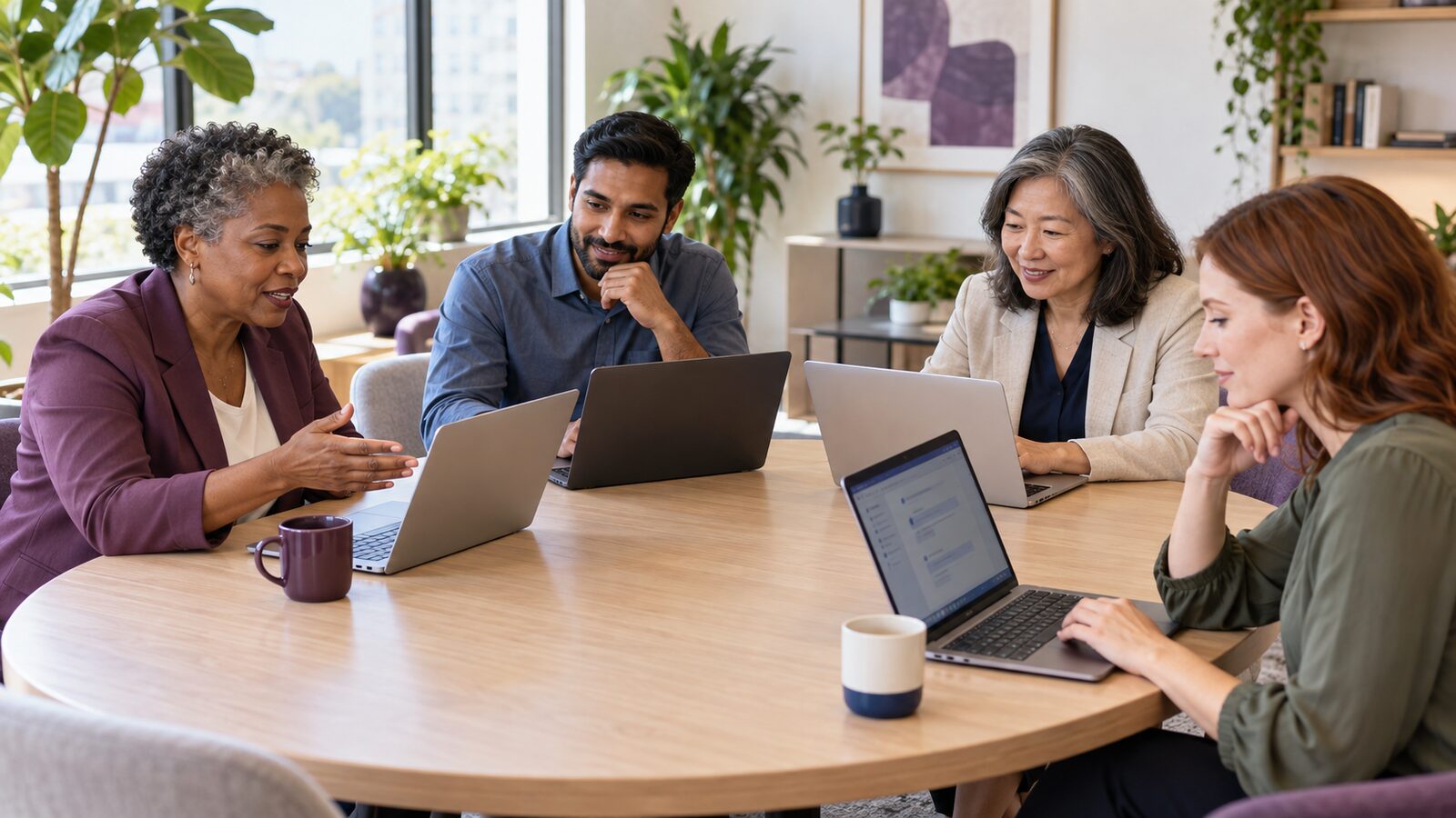 Four colleagues at a round table with laptops, one explaining to the group