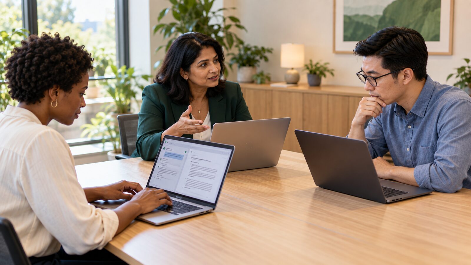 Three colleagues drafting with an AI chat assistant on their laptops