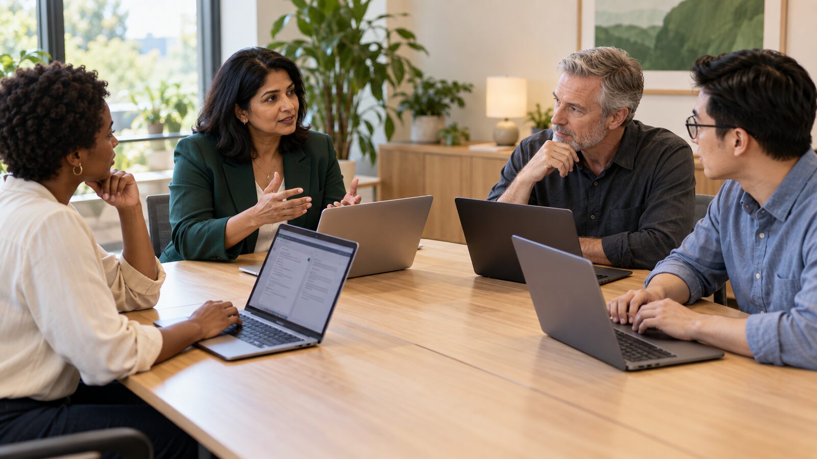 Four colleagues around a conference table with laptops, in a discussion led by a facilitator
