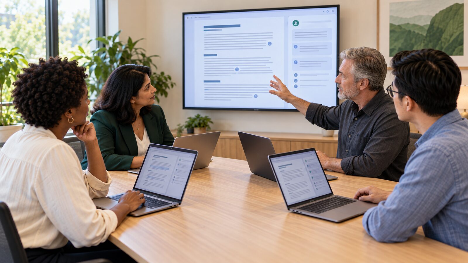 A team reviewing an AI-assisted draft document on a wall screen