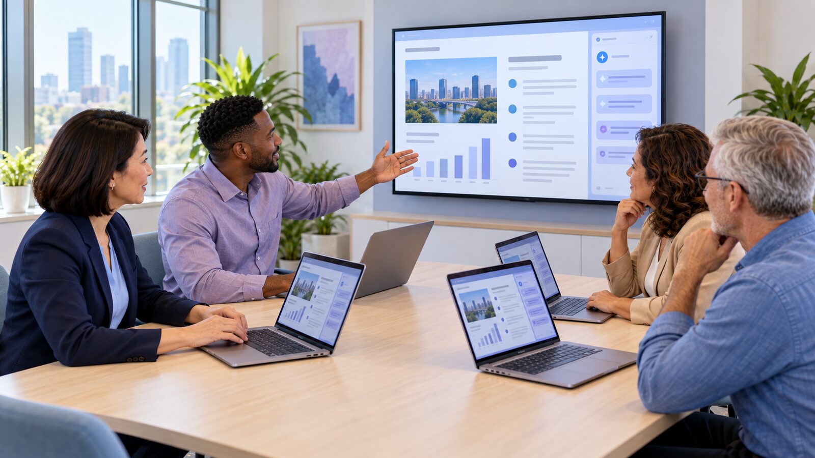 A team reviewing an AI-assisted presentation on a wall screen while following along on laptops
