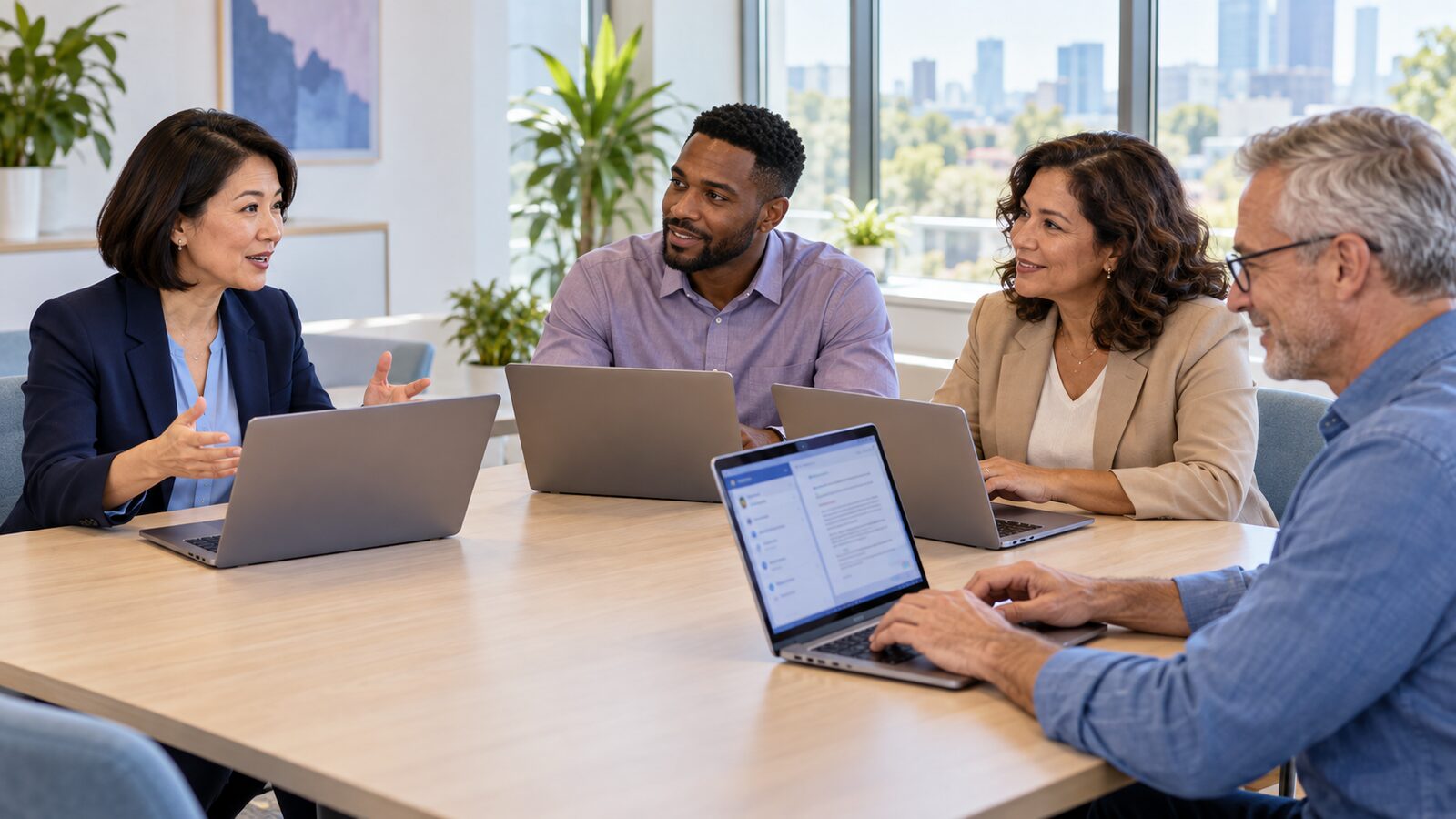 A facilitator guiding four colleagues working on laptops at a conference table