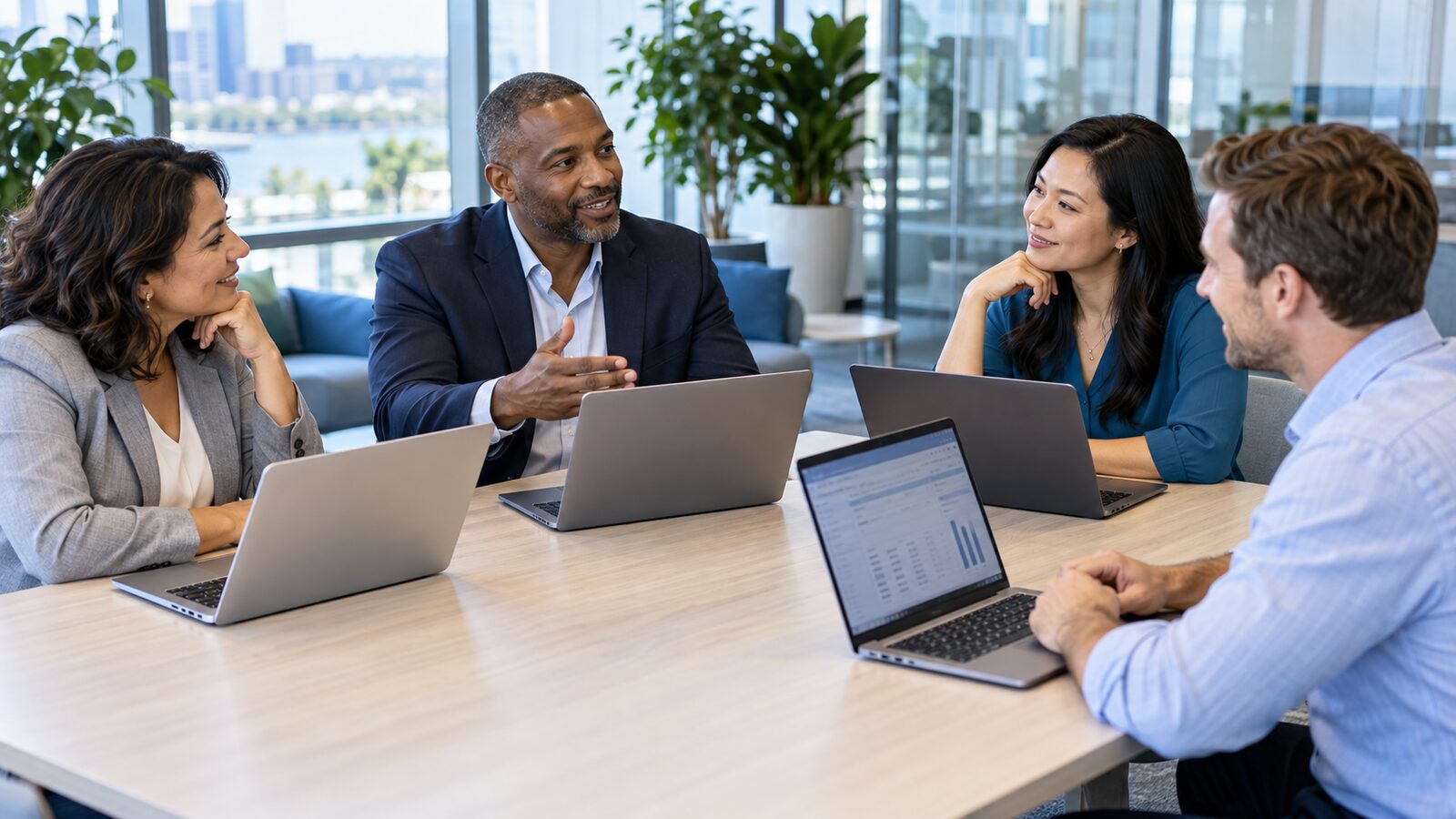 Four colleagues in a glass-walled office talking over laptops, one showing a spreadsheet