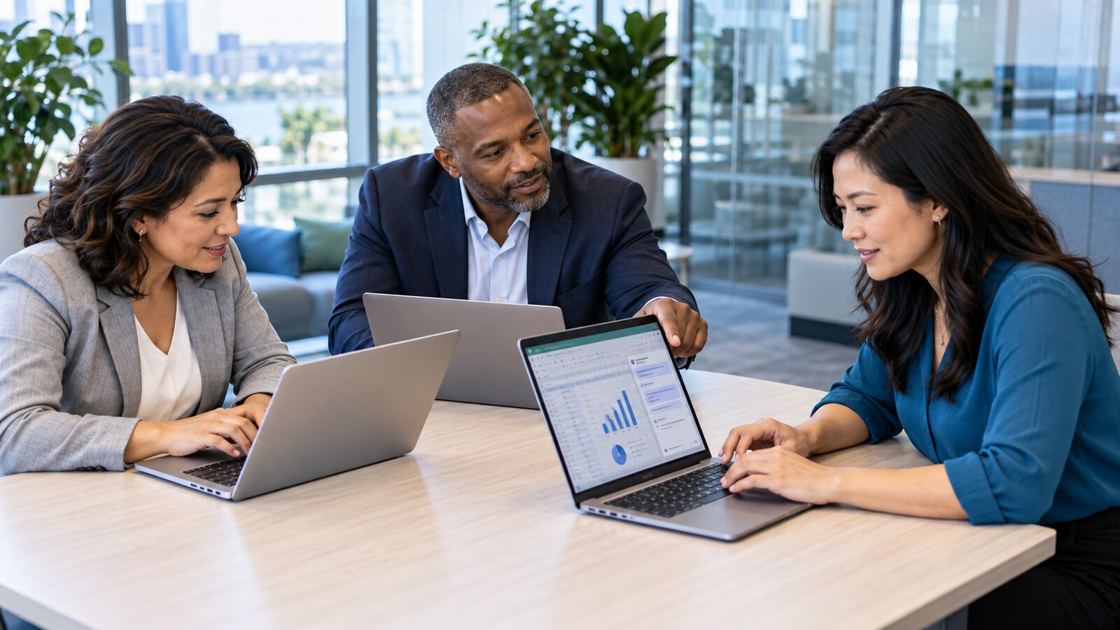 Three colleagues reviewing a spreadsheet chart together on a laptop